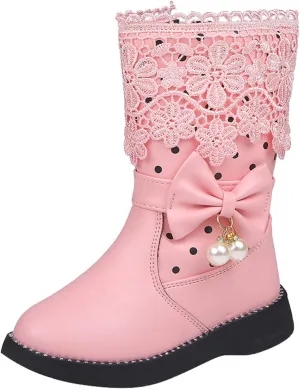 Girl's Winter Snow Boots Faux Fur Lined Mid Calf Shoes Waterproof Lace Bowknot Side Zipper Winter Boots Toddler