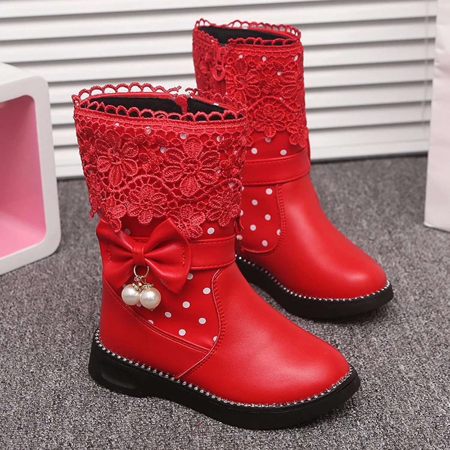 Girl's Winter Snow Boots Faux Fur Lined Mid Calf Shoes Waterproof Lace Bowknot Side Zipper Winter Boots Toddler