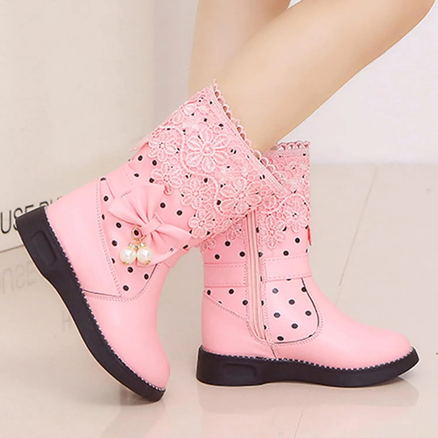 Girl's Winter Snow Boots Faux Fur Lined Mid Calf Shoes Waterproof Lace Bowknot Side Zipper Winter Boots Toddler