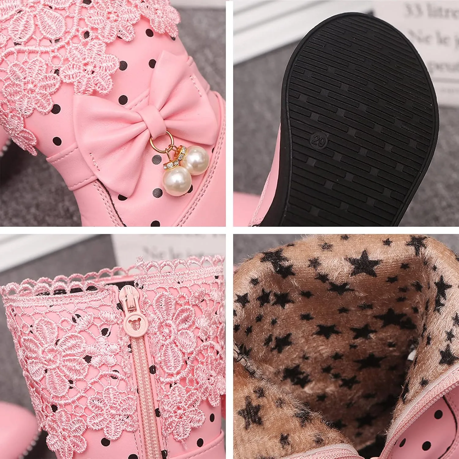 Girl's Winter Snow Boots Faux Fur Lined Mid Calf Shoes Waterproof Lace Bowknot Side Zipper Winter Boots Toddler