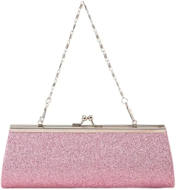 Glitter Evening Clutch Purse with Chain Strap, Pink, 7.9 x 2 x 3.3 inches