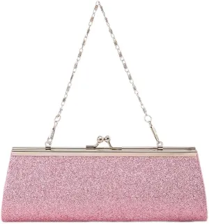 Glitter Evening Clutch Purse with Chain Strap, Pink, 7.9 x 2 x 3.3 inches
