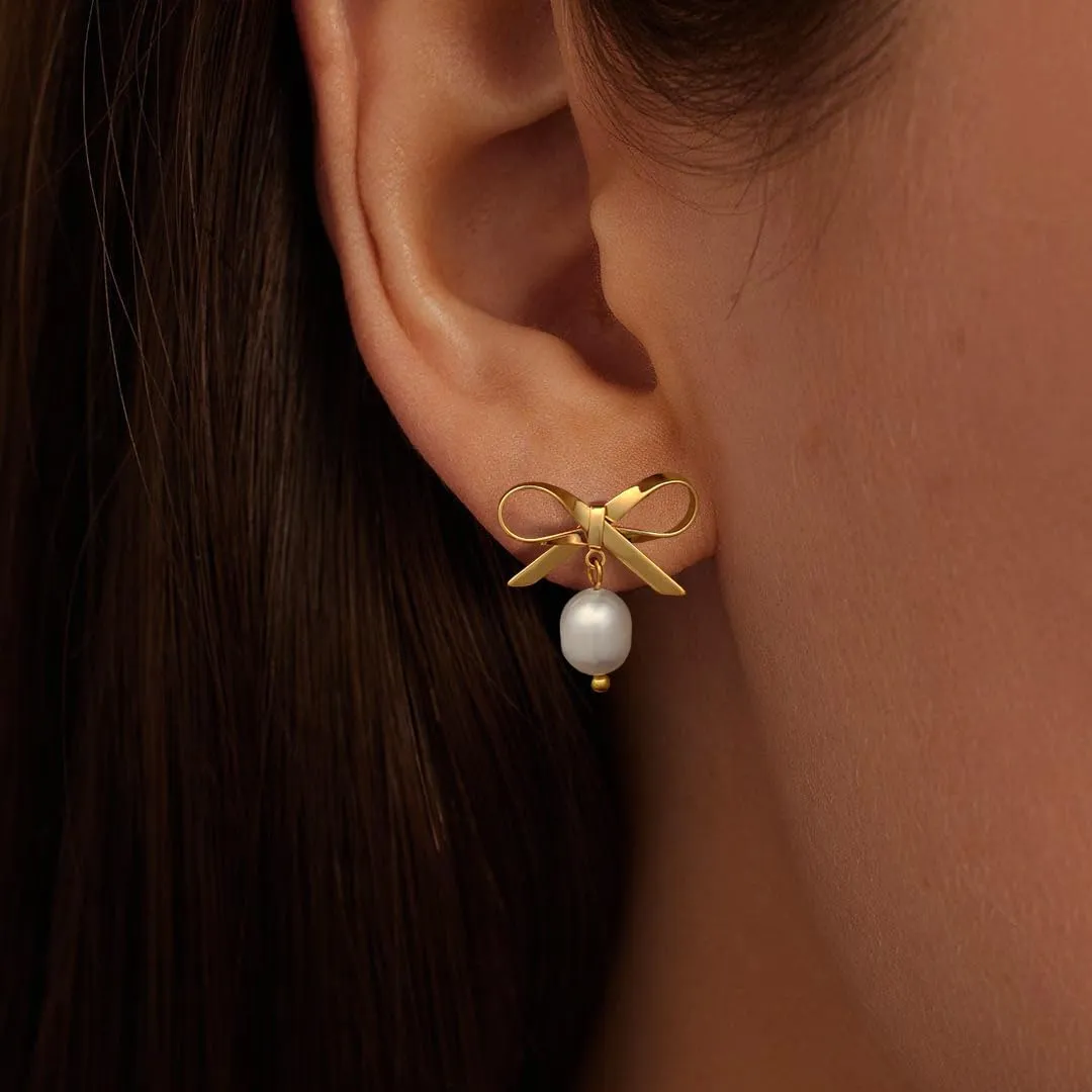 Gold Earrings for Women, 14k Gold Plated Pearl Earrings Studs Trendy Bow Earrings Cute Cubic Zirconia Dangle Drop Hypoallergenic Lightweight Hoops Pearl Earrings Jewelry Gifts for Women
