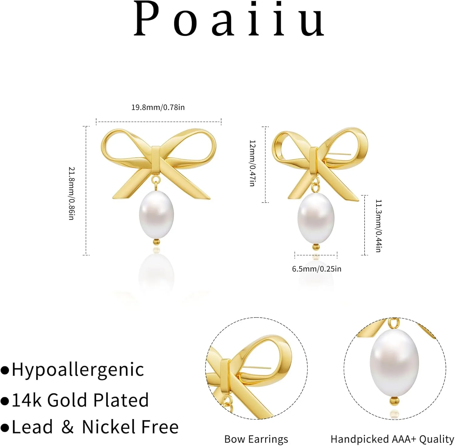 Gold Earrings for Women, 14k Gold Plated Pearl Earrings Studs Trendy Bow Earrings Cute Cubic Zirconia Dangle Drop Hypoallergenic Lightweight Hoops Pearl Earrings Jewelry Gifts for Women
