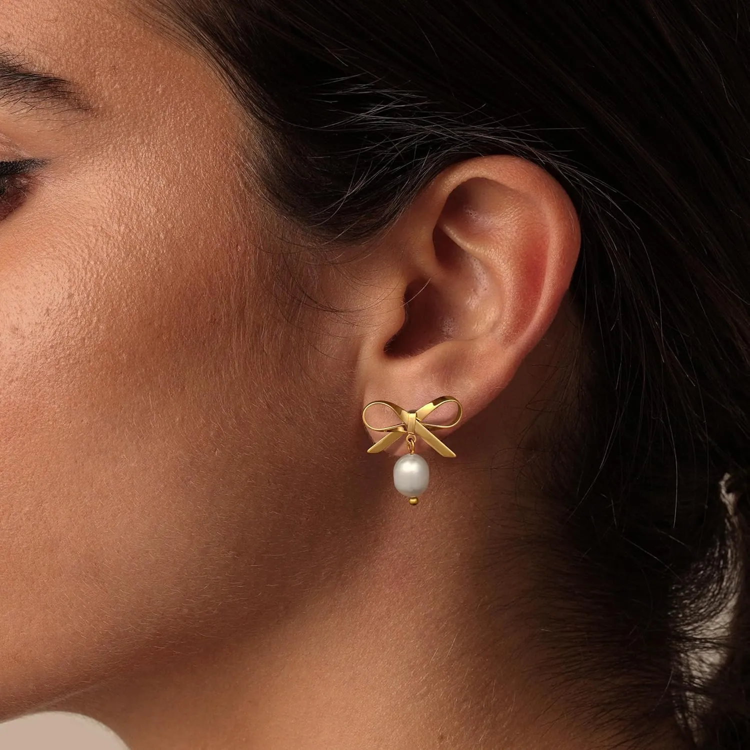 Gold Earrings for Women, 14k Gold Plated Pearl Earrings Studs Trendy Bow Earrings Cute Cubic Zirconia Dangle Drop Hypoallergenic Lightweight Hoops Pearl Earrings Jewelry Gifts for Women