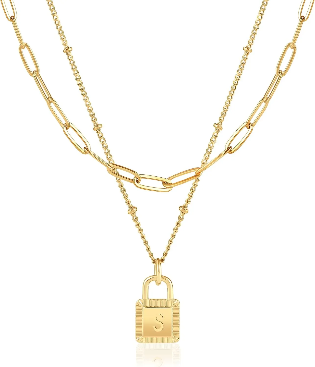 Gold Layered Initial Necklaces for Women 18K Gold Plated Dainty Layered Letter Lock Necklace for Women Gold Padlock Pendant Necklaces Personalized Trendy Jewelry