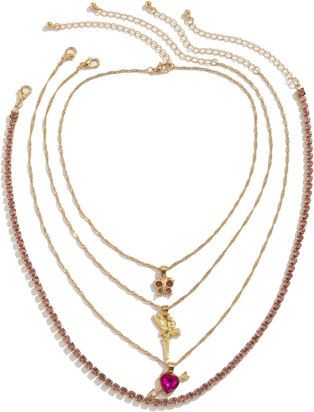 Gold Layered Necklaces for Women, Dainty Layered Necklaces for Women Butterfly Cherub Heart Arrow Pendant Chain Necklaces for Women Girls, 4 Pieces, Gold