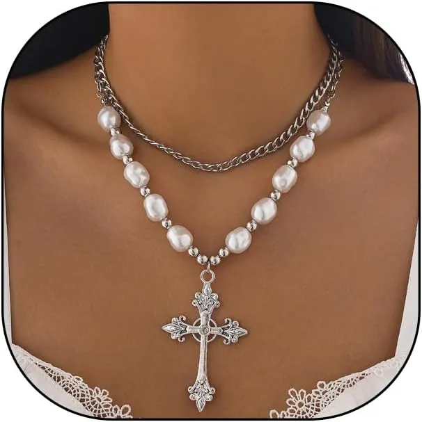 Gold Pearl Cross Necklaces for Women Layered Y2k Baroque Pearl Beaded Choker Necklaces Adjustable Cross Pendant Necklaces Trendy Punk Jewelry Gifts
