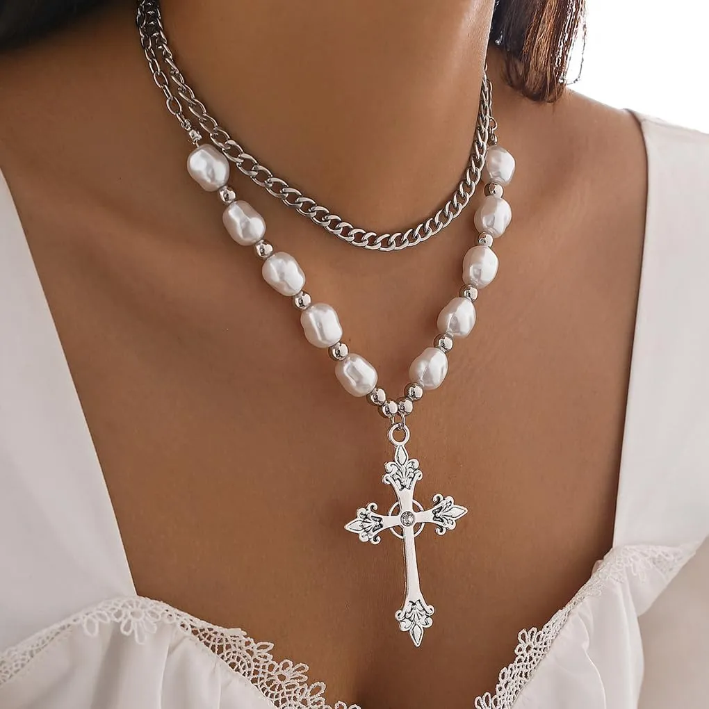 Gold Pearl Cross Necklaces for Women Layered Y2k Baroque Pearl Beaded Choker Necklaces Adjustable Cross Pendant Necklaces Trendy Punk Jewelry Gifts