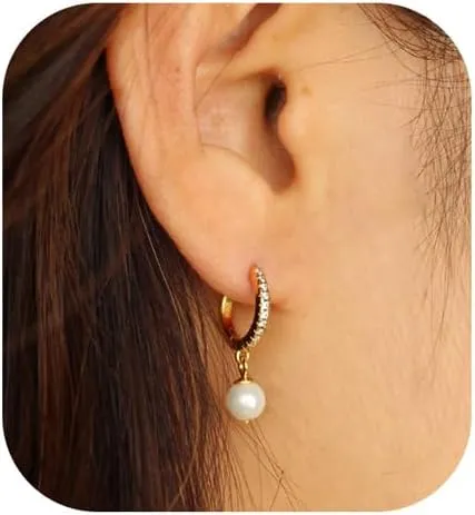 Gold Pearl Drop Earrings for Women, 14k Small Dainty Gold Plated Pearl Huggie Hoop Dangle Earrings for Women Trendy Hypoallergenic cz Earrings Dangling Gold Earring Hoops Gold Jewelry Non Tarnish