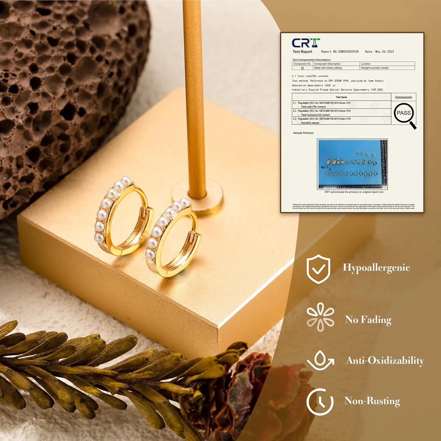 Gold Pearl Hoop Earrings for Women | 18K Gold Huggie Dangle Earrings | Lightweight Small Hoop Earrings