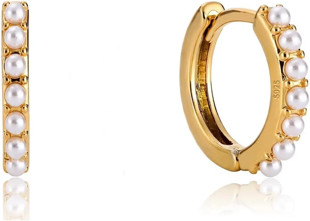 Gold Pearl Hoop Earrings for Women | 18K Gold Huggie Dangle Earrings | Lightweight Small Hoop Earrings