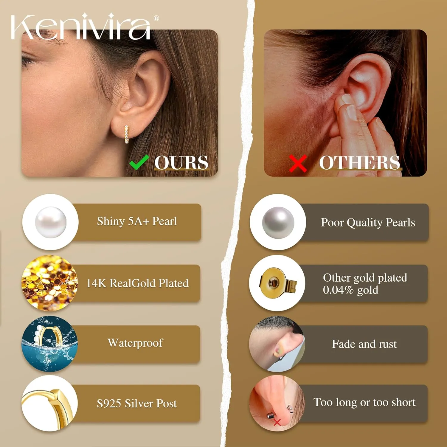 Gold Pearl Hoop Earrings for Women | 18K Gold Huggie Dangle Earrings | Lightweight Small Hoop Earrings