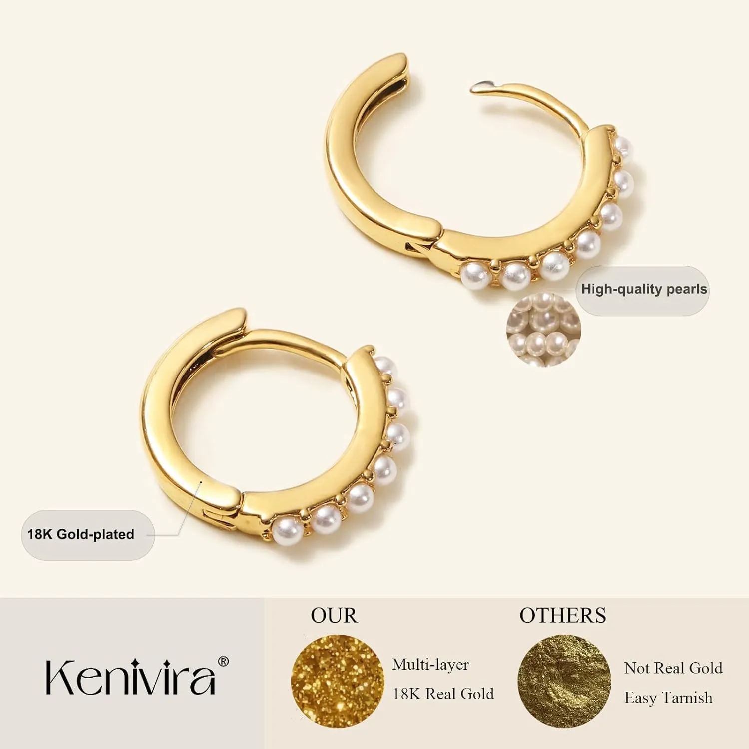 Gold Pearl Hoop Earrings for Women | 18K Gold Huggie Dangle Earrings | Lightweight Small Hoop Earrings