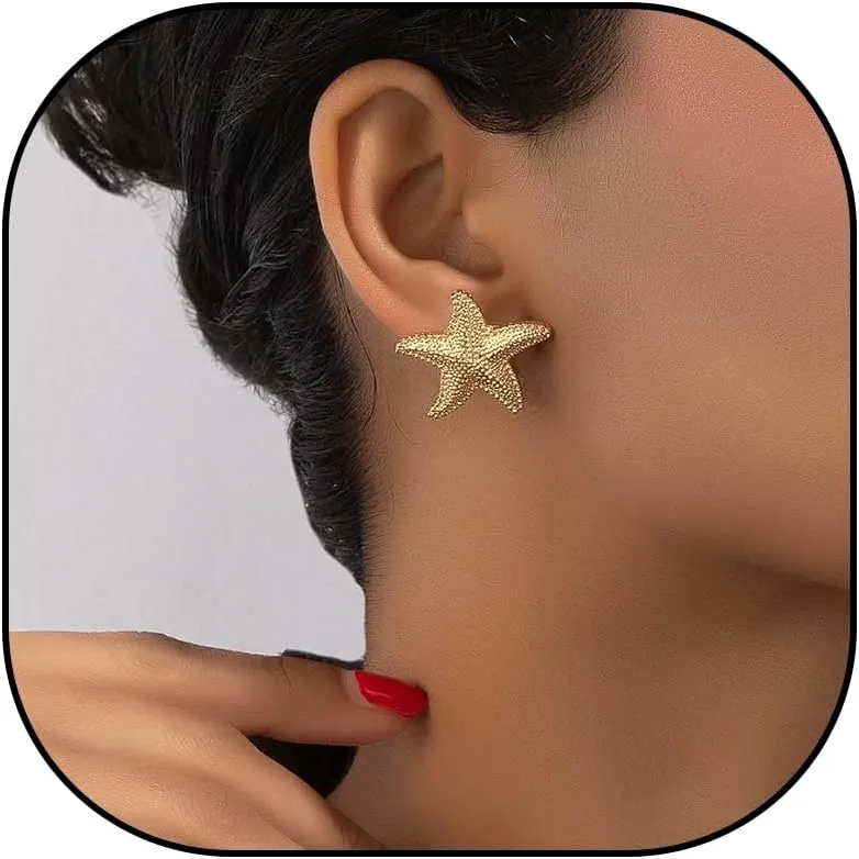 Gold Starfish Earrings for Women 14K Gold Plated Starfish Statement Stud Earrings for Women Trendy Jewelry Alluring Ocean-Themed Dangling Earrings Surfing Gifts for Couples Teen Girls