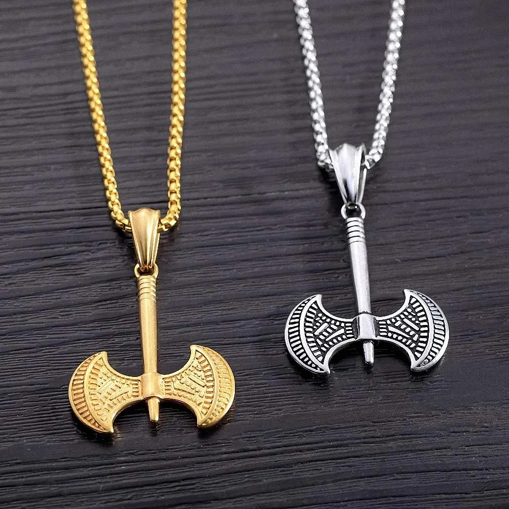 Hafrita Men Axe Labrys Pendants Necklace Chain 316 Stainless Steel Pendant Statement Necklace