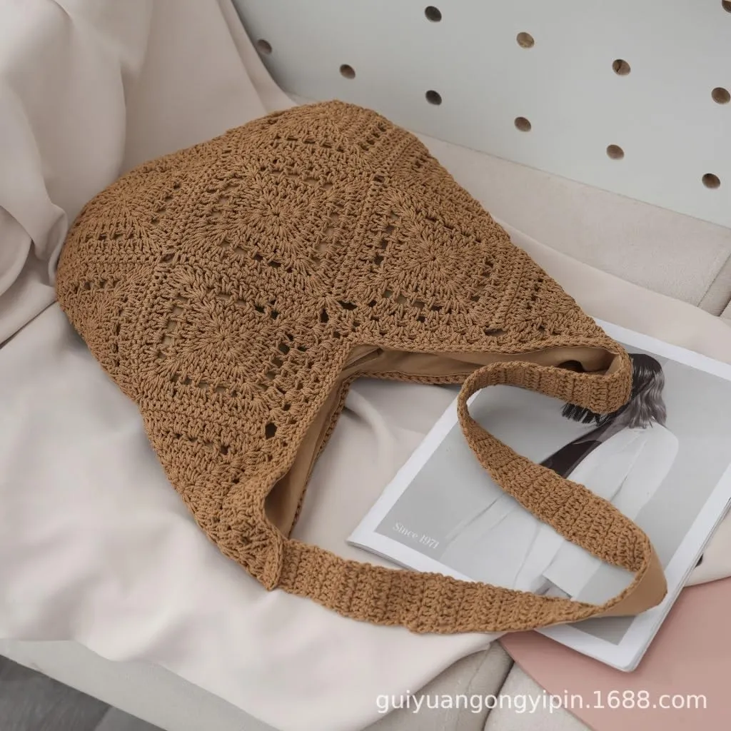 Handbag Simple Diamond Woven Bag Grandmother Square Straw Woven Bag Women's Bag Beach Bag Straw Bags(Brown)