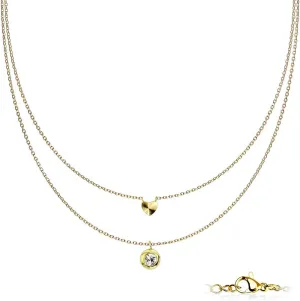 Heart and CZ Centered Circle Pendants on Double Layered Stainless Steel Chain Necklace