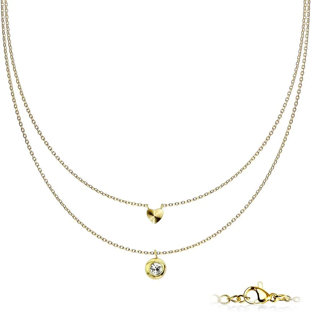 Heart and CZ Centered Circle Pendants on Double Layered Stainless Steel Chain Necklace