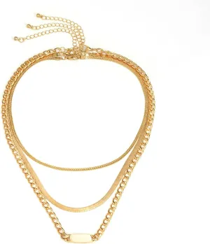Herringbone Chain Layering Necklaces Long, Bar 3 Layer Chunky Gold Necklaces for Women