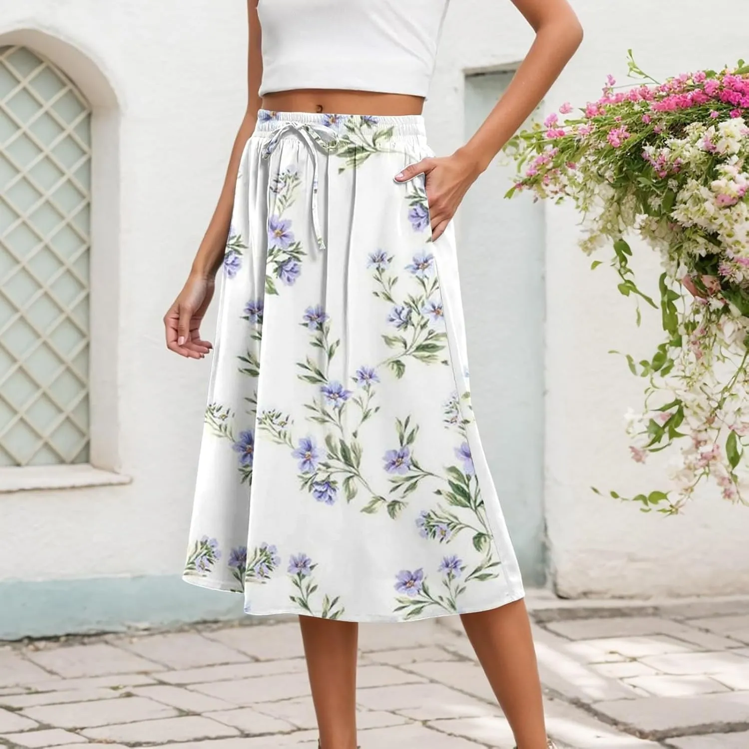 High Waisted Skirts for Women Floral Printed Elastic Waist Casual Skirts Elegant Drawstring Lightweight Comfort Skorts