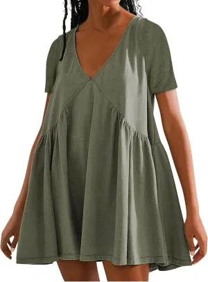 hlysgo Summer Dresses for Women 2024 Casual Loose Fit Short Sleeve V Neck Mini Dress Trendy Swing Pleated Babydoll Dress