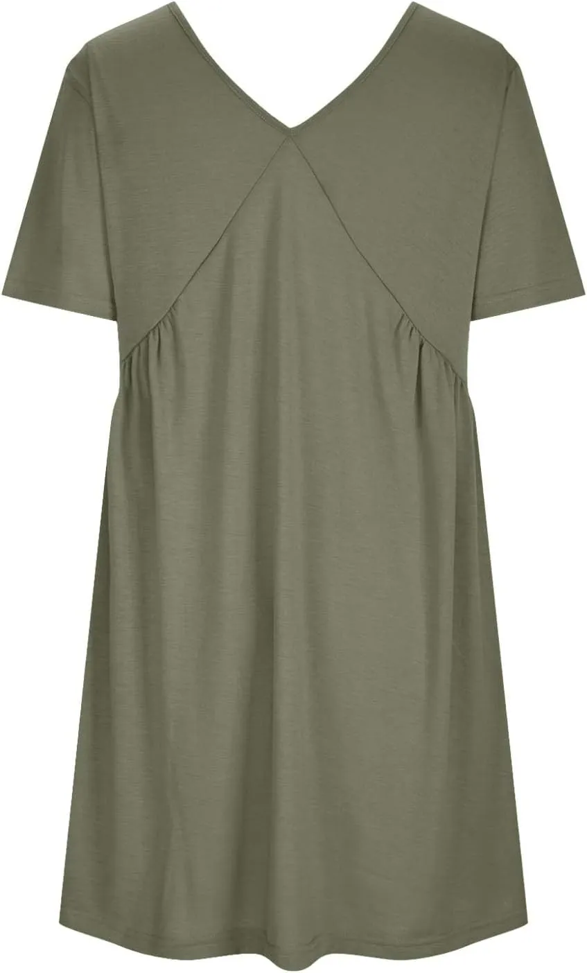 hlysgo Summer Dresses for Women 2024 Casual Loose Fit Short Sleeve V Neck Mini Dress Trendy Swing Pleated Babydoll Dress