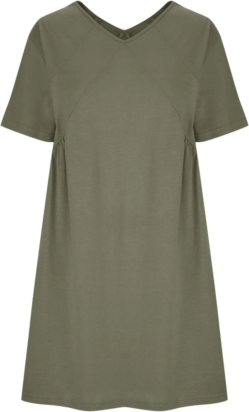 hlysgo Summer Dresses for Women 2024 Casual Loose Fit Short Sleeve V Neck Mini Dress Trendy Swing Pleated Babydoll Dress