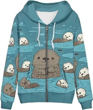 HUIACONG Otter Oversized Hoodies Zip Up Hoodie Y2K Women Clothes Sweatshirts Fall Fashion Outfits Graphic Womens Jackets Cardigans Hooded Aesthetic Streetwear Sweatshirt Top 90S