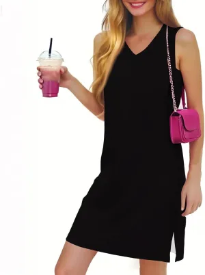 HXHYQKP Beach Vacation Clothes for Women Summer Solid Dress V-Neck Casual Loose Sleeveless Sundress with Split