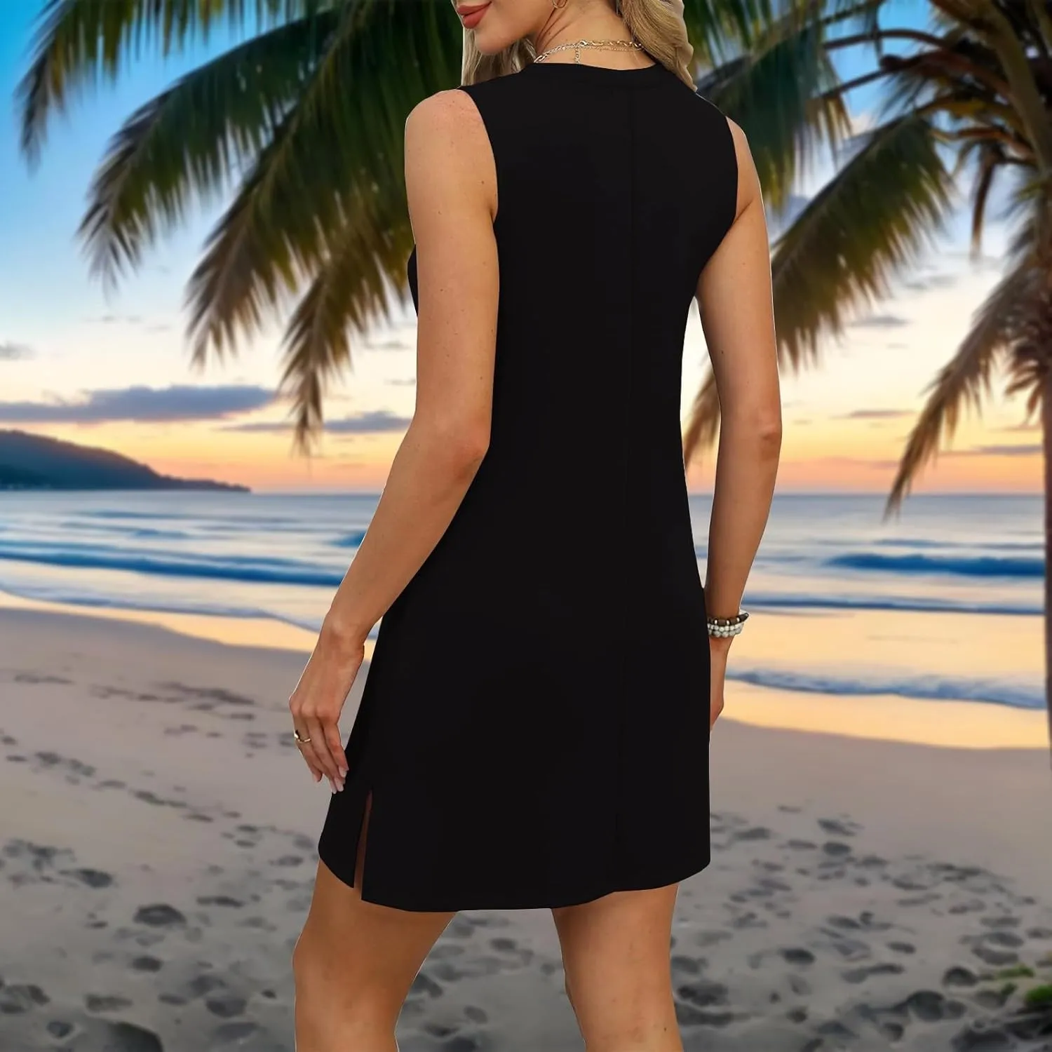 HXHYQKP Beach Vacation Clothes for Women Summer Solid Dress V-Neck Casual Loose Sleeveless Sundress with Split