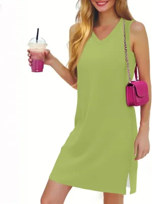 HXHYQKP Beach Vacation Clothes for Women Summer Solid Dress V-Neck Casual Loose Sleeveless Sundress with Split
