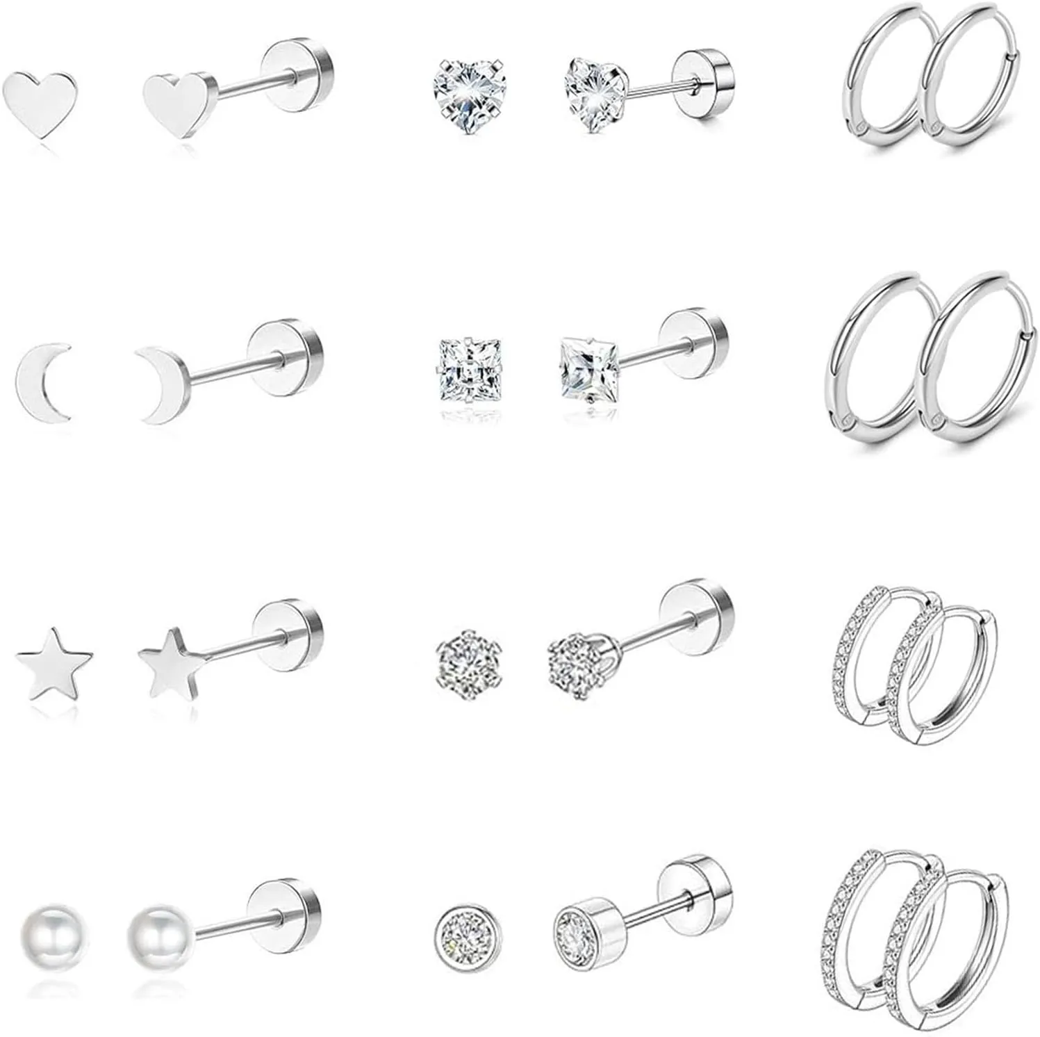 Hypoallergenic Stainless Steel Earrings for Women, 12 Pairs 8mm/10mm 18G Small Hoop & 6mm 20G Flat Back Stud Earrings Set, Cartilage Earring for Multiple Piercings