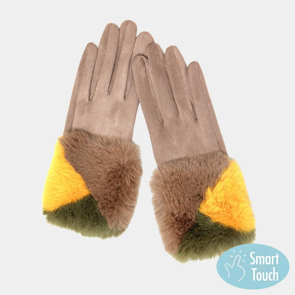 iLLASPARKZ Color Block Faux Fur Cuff Accented Soft Suede Smart Gloves