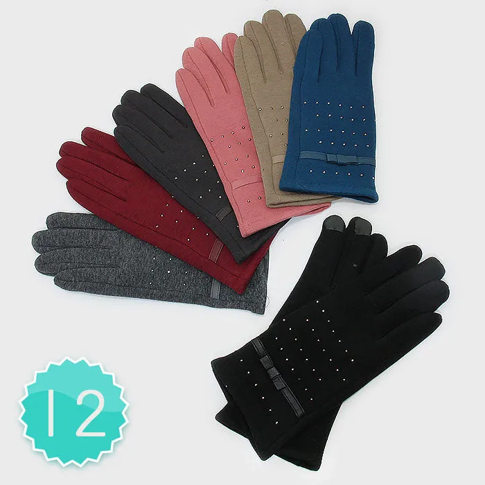 iLLASPARKZ Fleece Lined Leather Bow Trim Crystal Stud Winter Cotton Gloves