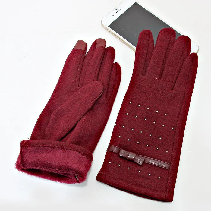iLLASPARKZ Fleece Lined Leather Bow Trim Crystal Stud Winter Cotton Gloves