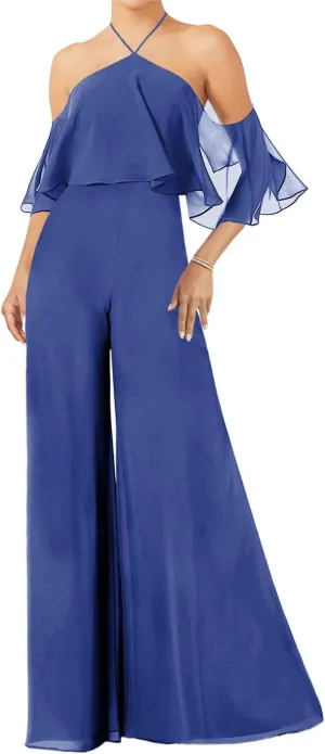ISABUFEI Bridesmaid Dresses Long Jumpsuits for Women Chiffon Bridesmaid Pantsuits for Wedding Halter Neck Evening Gowns