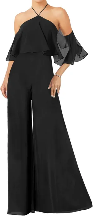 ISABUFEI Bridesmaid Dresses Long Jumpsuits for Women Chiffon Bridesmaid Pantsuits for Wedding Halter Neck Evening Gowns