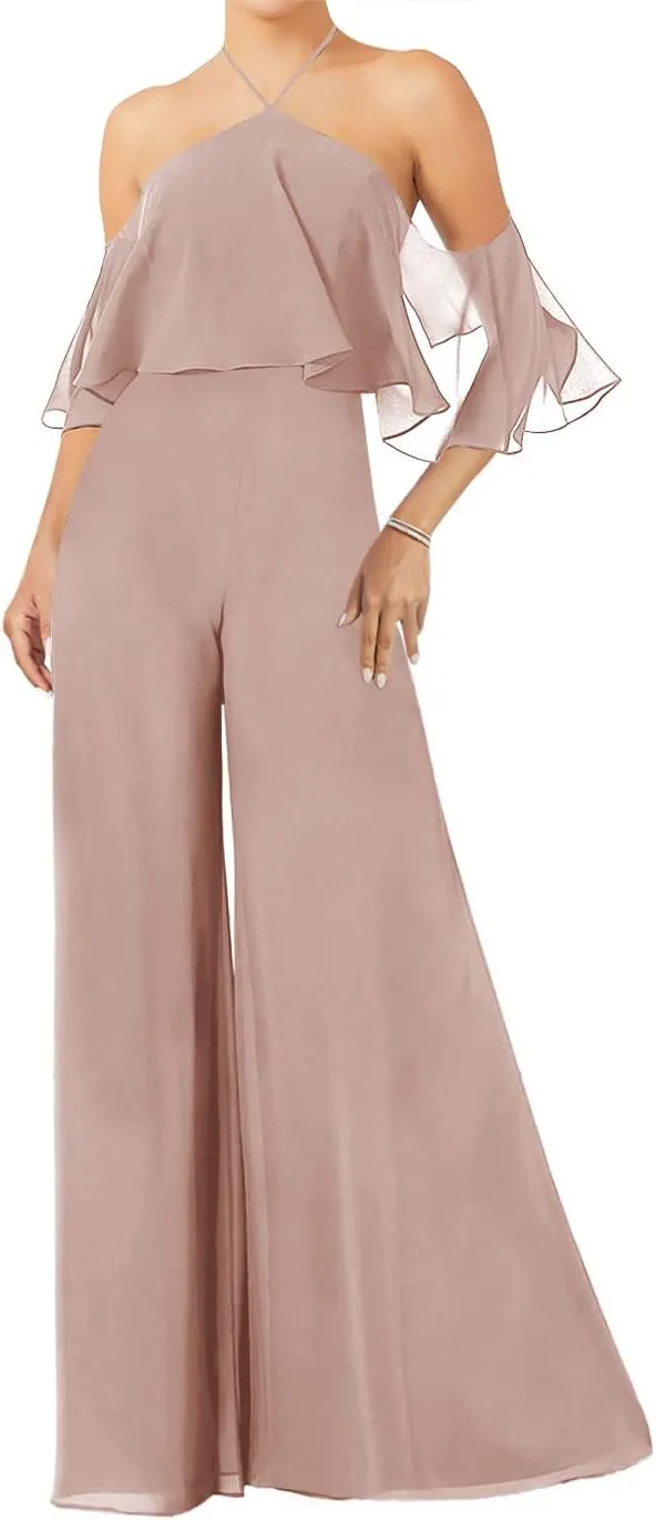 ISABUFEI Bridesmaid Dresses Long Jumpsuits for Women Chiffon Bridesmaid Pantsuits for Wedding Halter Neck Evening Gowns
