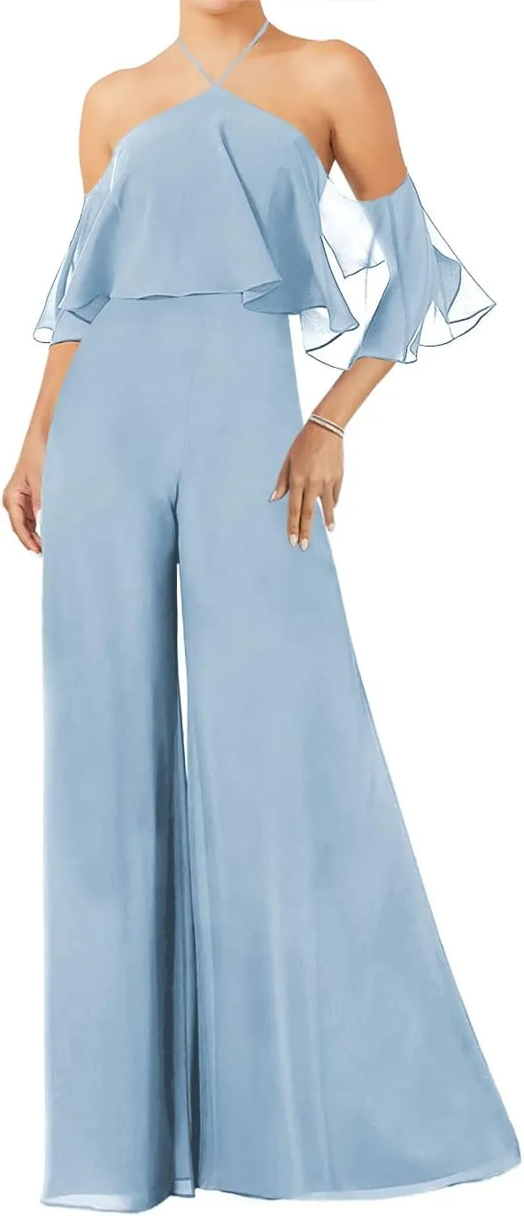 ISABUFEI Bridesmaid Dresses Long Jumpsuits for Women Chiffon Bridesmaid Pantsuits for Wedding Halter Neck Evening Gowns