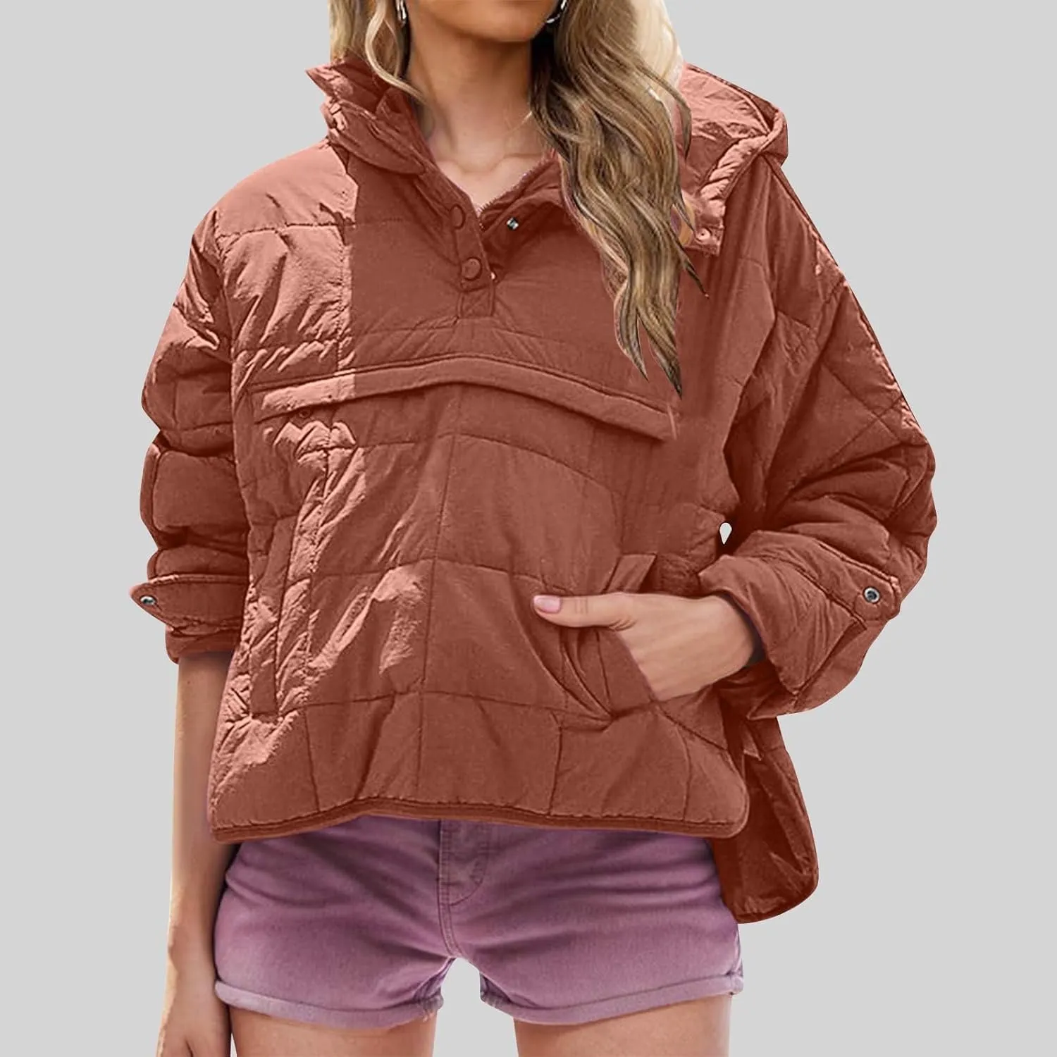 Jackets for Women Oversized Puffer Jacket Lightweight Long Sleeve Warm Quilted Pullover Winter Coat with Pockets