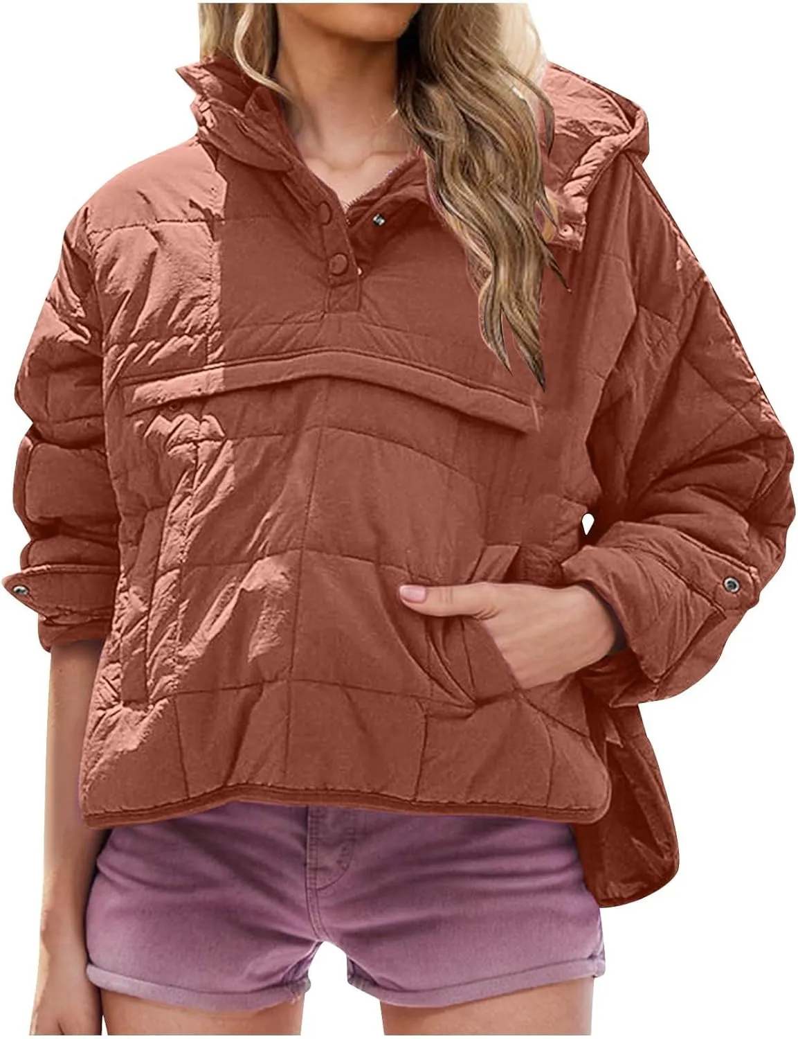 Jackets for Women Oversized Puffer Jacket Lightweight Long Sleeve Warm Quilted Pullover Winter Coat with Pockets