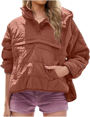 Jackets for Women Oversized Puffer Jacket Lightweight Long Sleeve Warm Quilted Pullover Winter Coat with Pockets