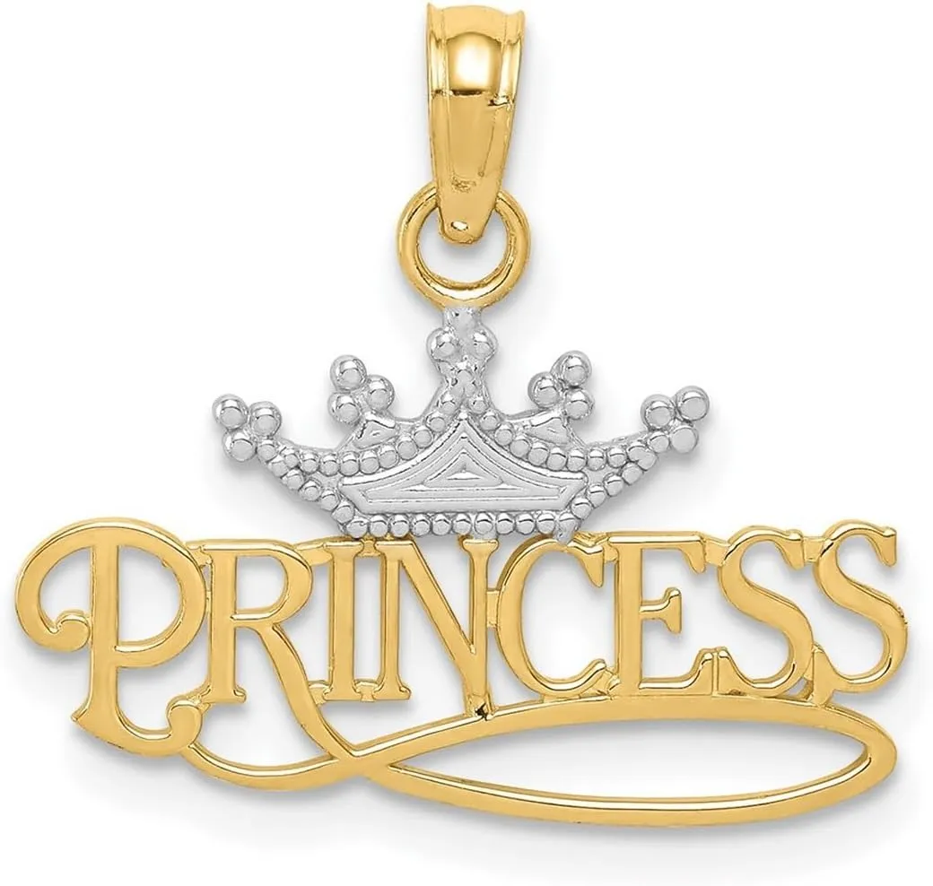 JewelryWeb 10k Gold Princess With White Crown Charm 20x21mm Wide Pendant Necklace for Women