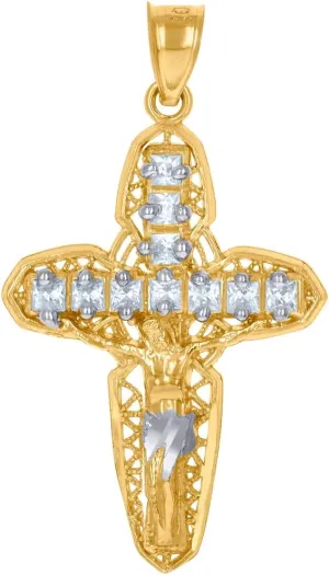 JewelryWeb 10k Two tone Gold Unisex Princess Cut CZ Simulated Diamond Crucifix Cross Religious Charm Pendant Necklace 39x20.9mm Wide-Pendant for Women