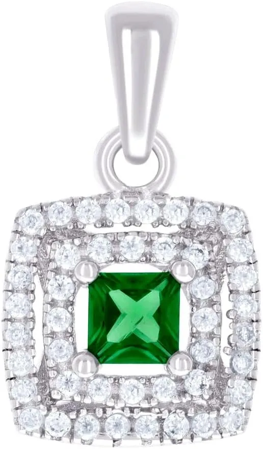 JewelryWeb 925 Sterling Silver Unisex Green White Princess cut Round CZ Simulated Diamond Square Fashion Charm Pendant Necklace 17.2x9.8mm Wide-Pendant for Women