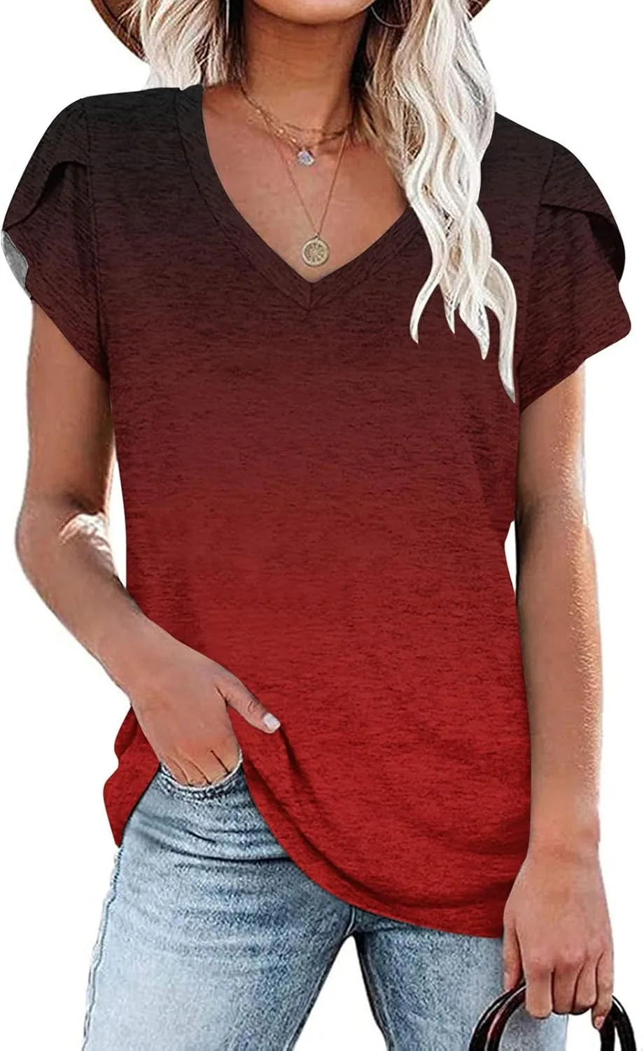 JOAU Womens Summer Top Sexy V Neck Petal Short Sleeve Shirt Casual Flowy Gradient Blouse Comfy Loose Fit Stretchy Tees Tops