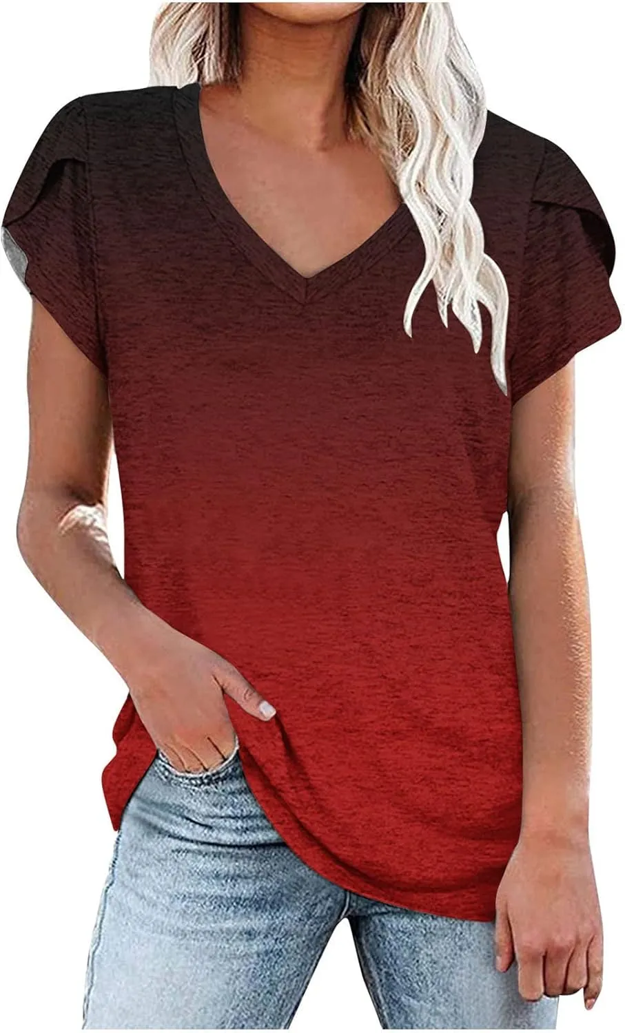 JOAU Womens Summer Top Sexy V Neck Petal Short Sleeve Shirt Casual Flowy Gradient Blouse Comfy Loose Fit Stretchy Tees Tops
