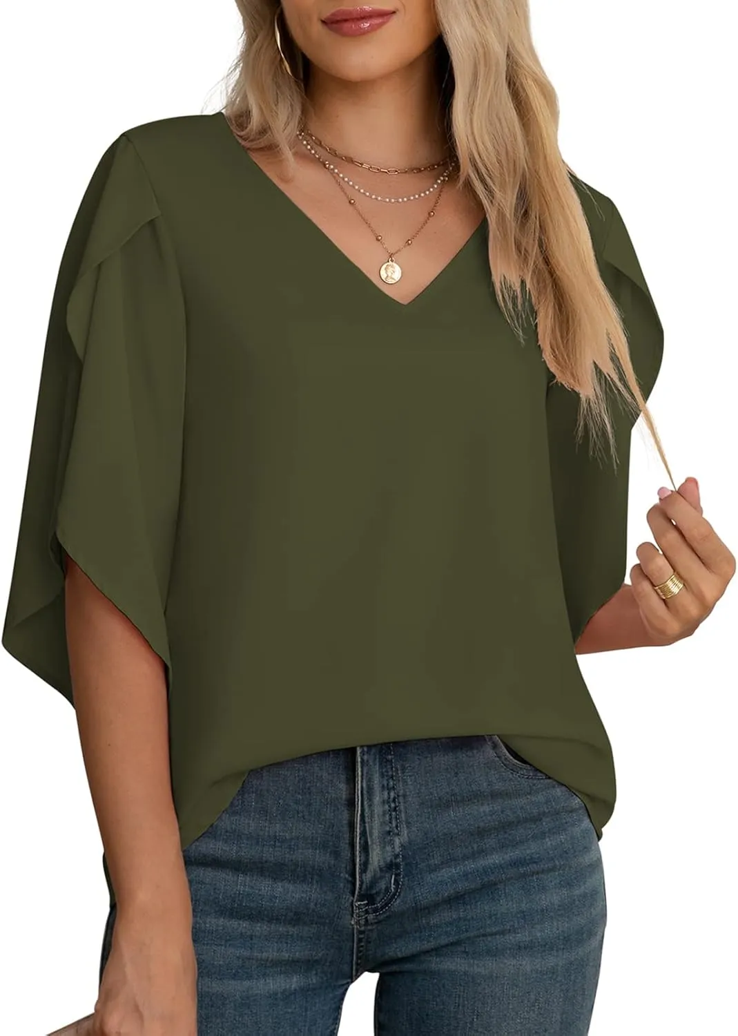Jouica Women's Fall Casual 3/4 Ruffled Sleeve Chiffon Blouse Tops for Women