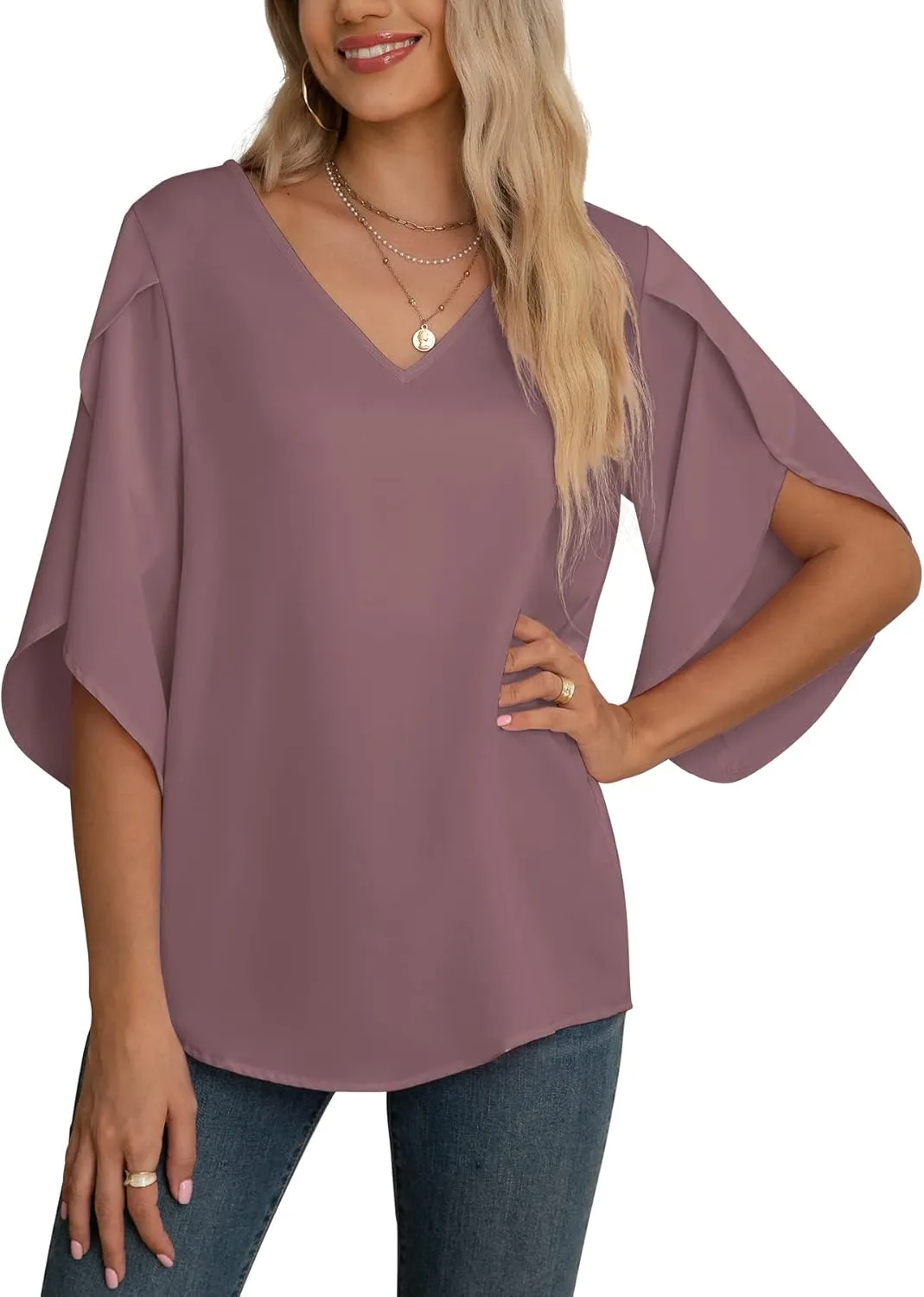 Jouica Women's Fall Casual 3/4 Ruffled Sleeve Chiffon Blouse Tops for Women